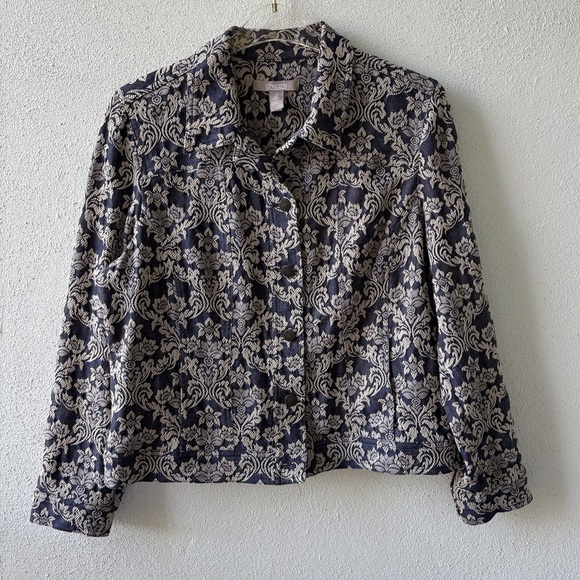 Chico’s Jacquard Paisley Marcissa Denim Jacket SZ L Smart Casual Career Stretch - Picture 1 of 15